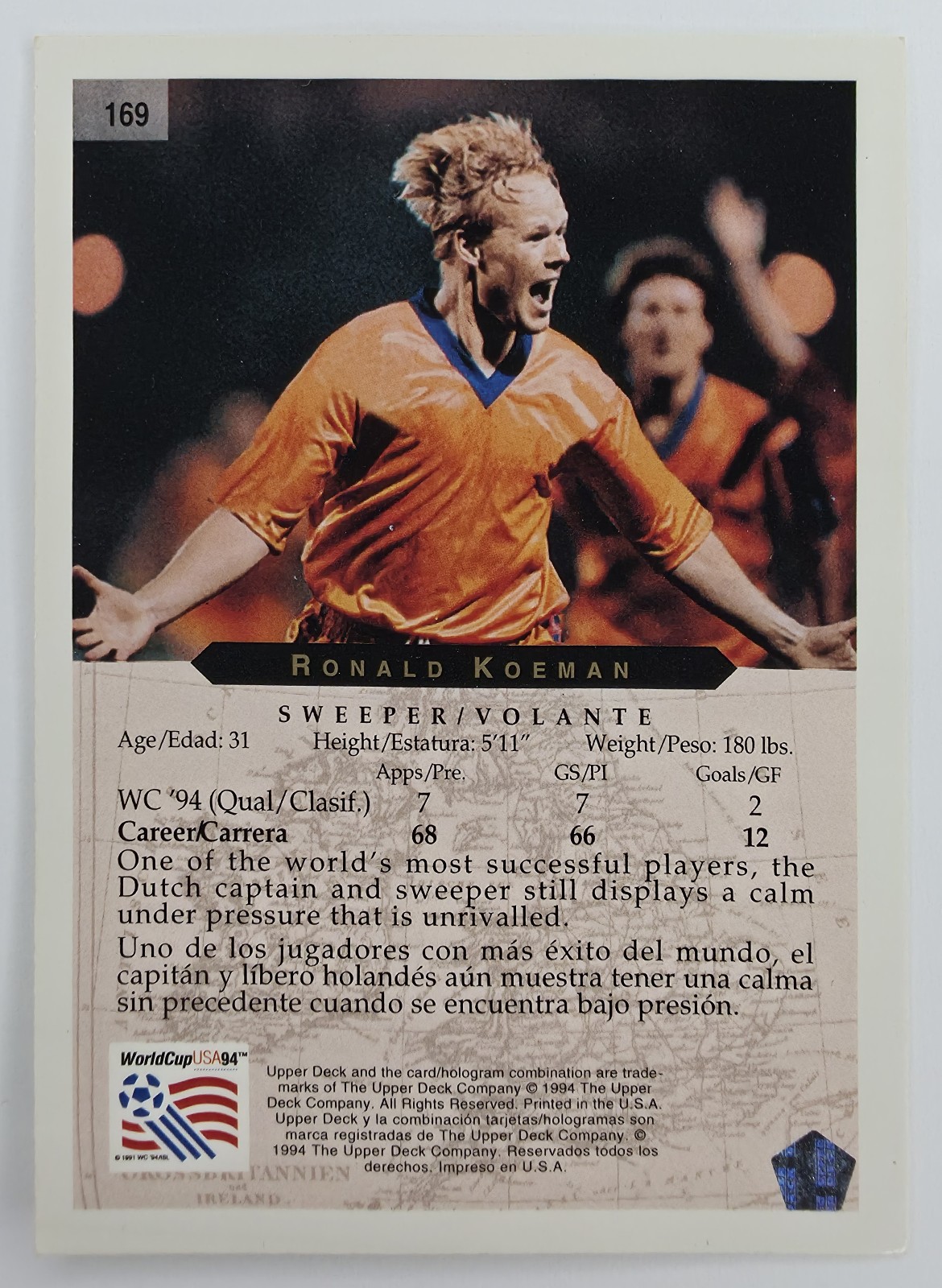 1994 Upper Deck World Cup English/Spanish Ronald Koeman #169 Holland back