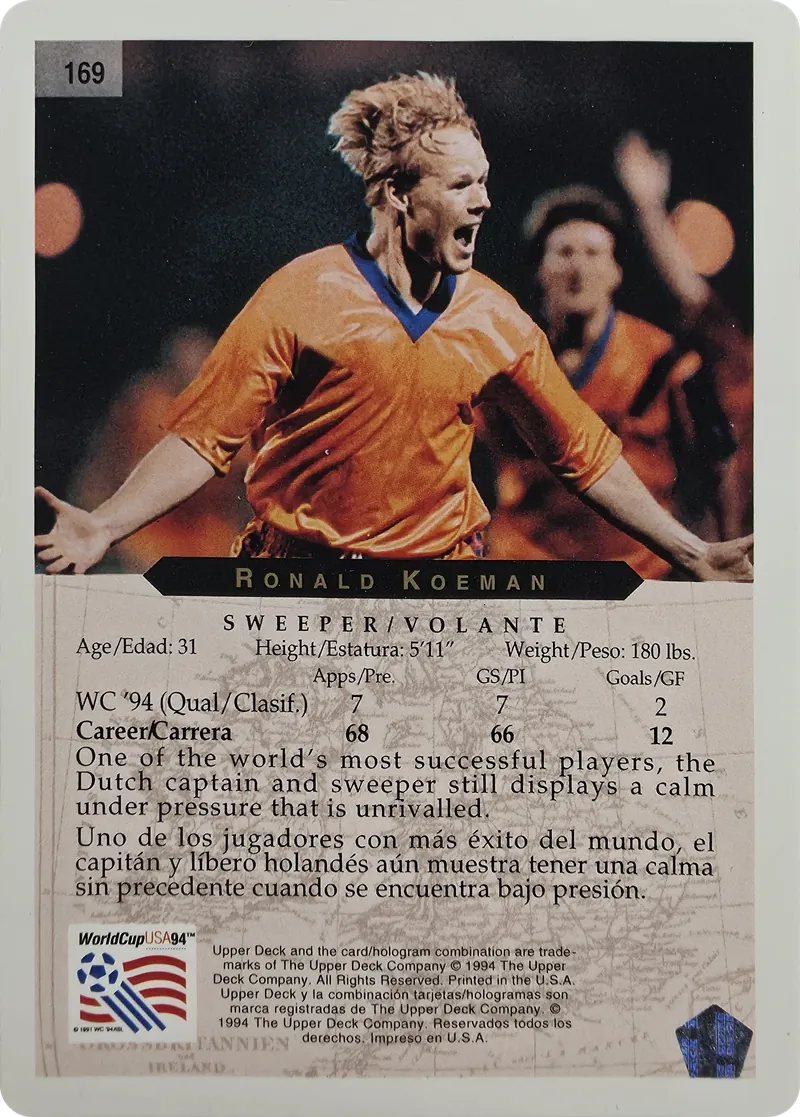 1994 Upper Deck World Cup English/Spanish Ronald Koeman #169 Holland, back