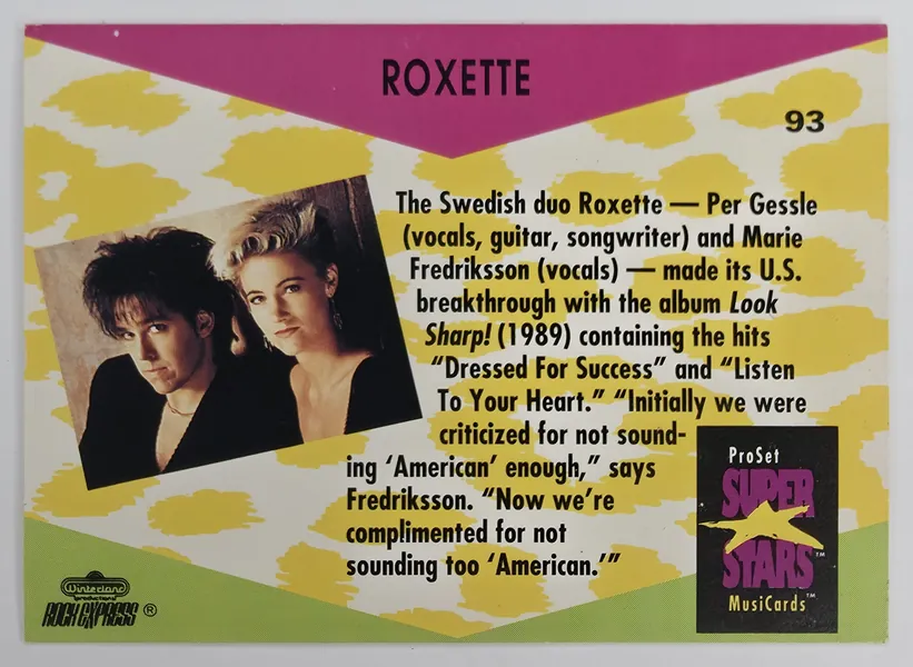 1991 Pro Set SuperStars MusiCards Roxette #93 back