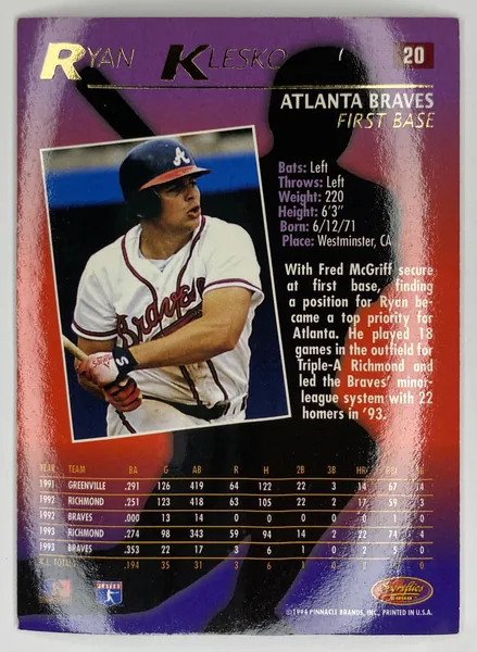 1994 Sportflics 2000 Ryan Klesko #20 Atlanta Braves back