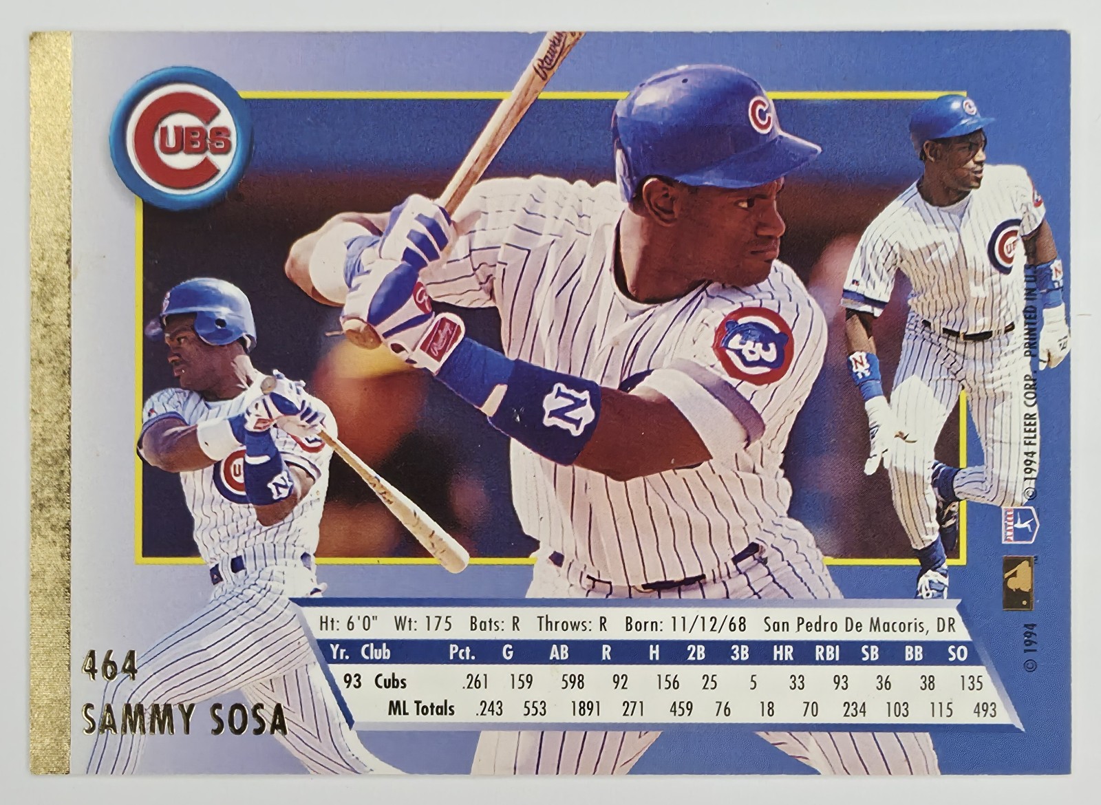 1994 Fleer Ultra Sammy Sosa #464 Chicago Cubs back
