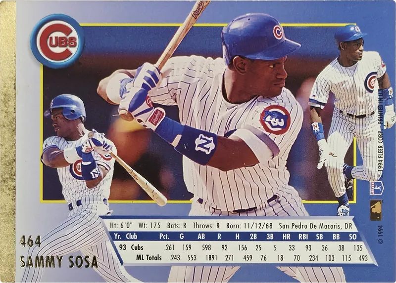 1994 Fleer Ultra Sammy Sosa #464 Chicago Cubs, back
