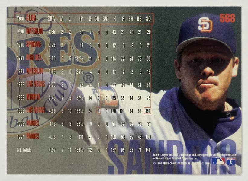 1995 Fleer Scott Sanders #568 San Diego Padres back