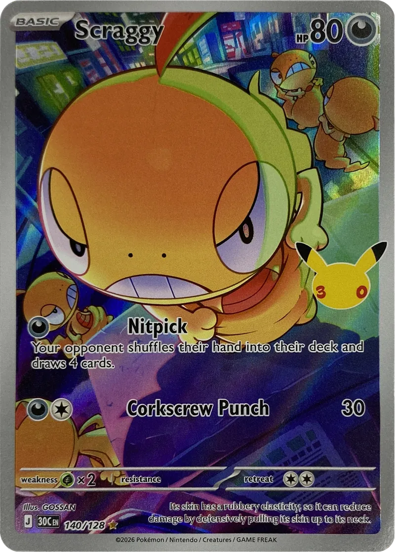 2026 Pokemon 30th Celebration Scraggy #140/128 Illustration Rare front