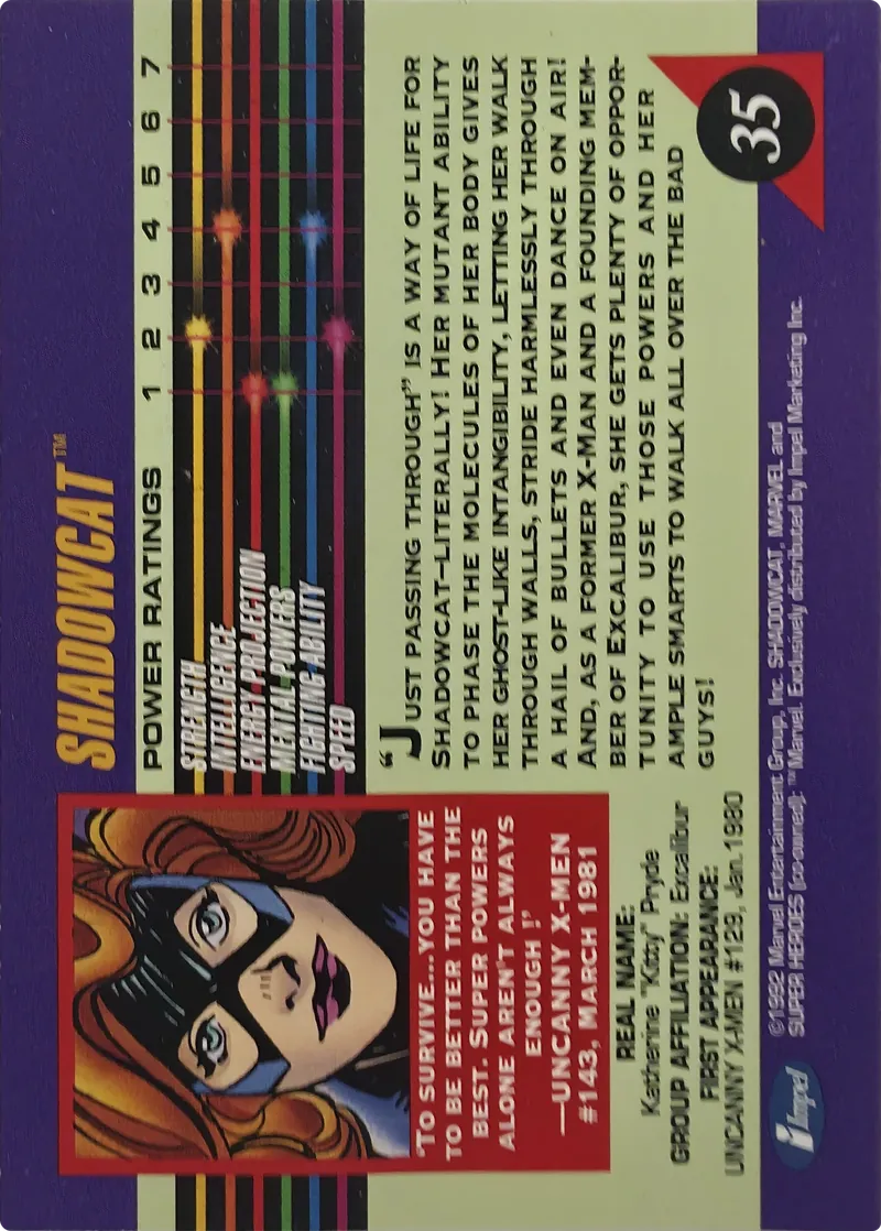 1992 Impel Marvel Universe Series III Shadowcat #35, back