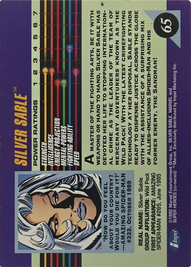 1992 Impel Marvel Universe Series III Silver Sable #65, back