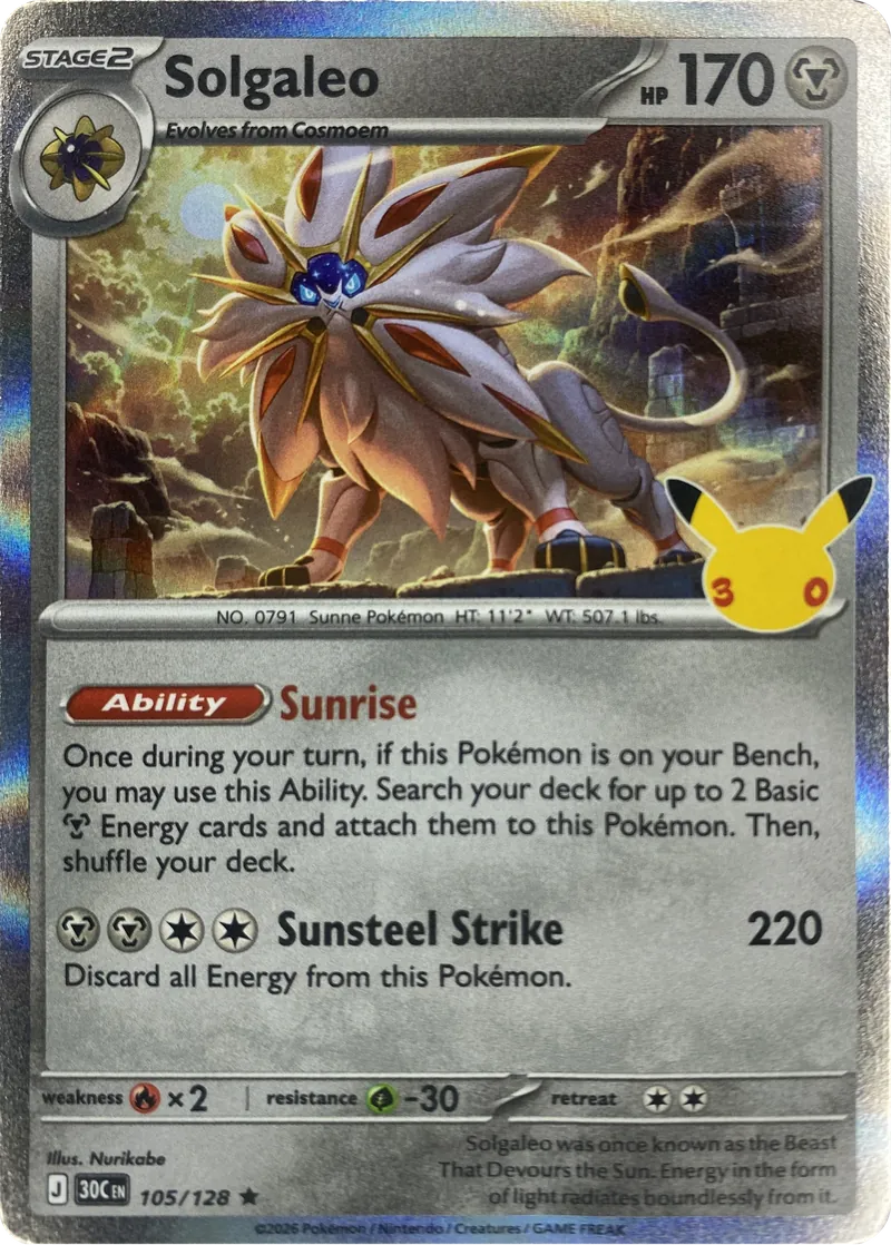 2026 Pokemon 30th Celebration Solgaleo #105/128 Holo Rare front
