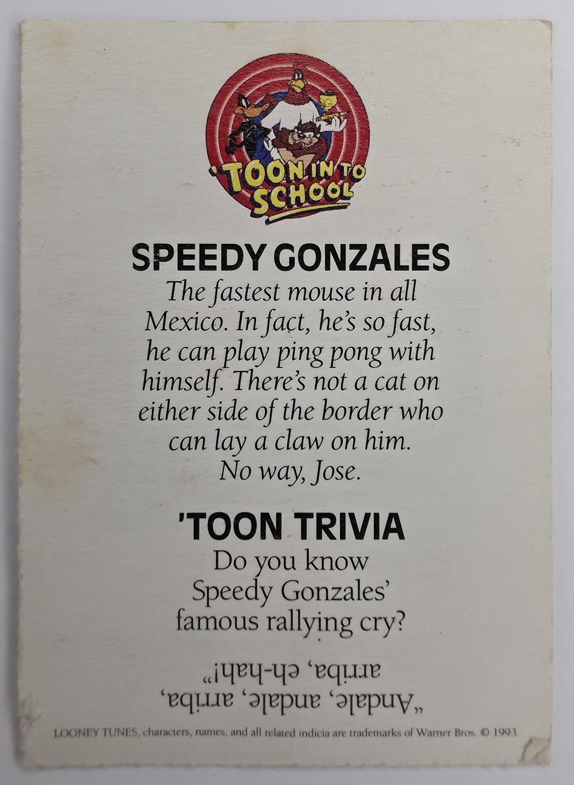 Speedy Gonzales 'Toon In To School card back