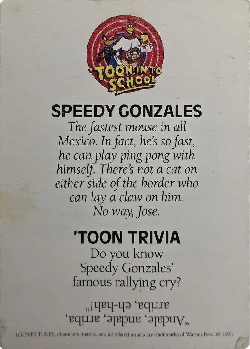 1993 Warner Bros. Looney Tunes 'Toon In To School Speedy Gonzales, back