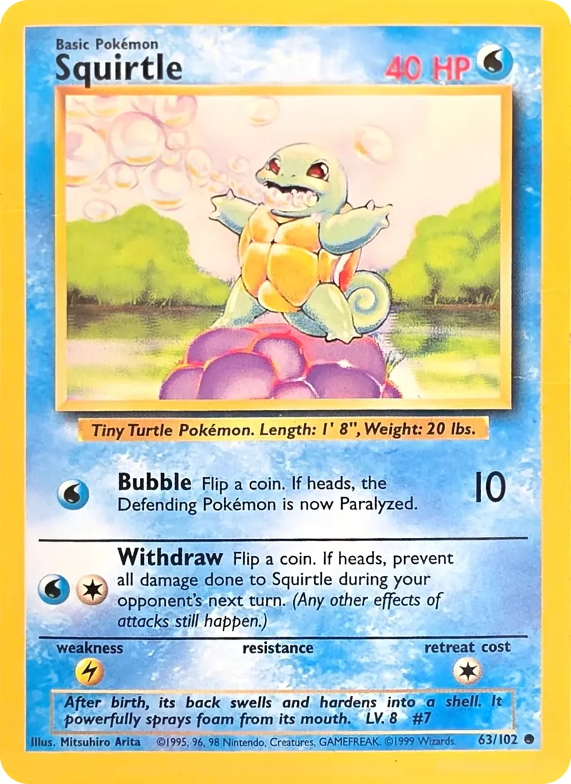 1999 Pokemon Base Set Squirtle #63/102 Unlimited Common, front