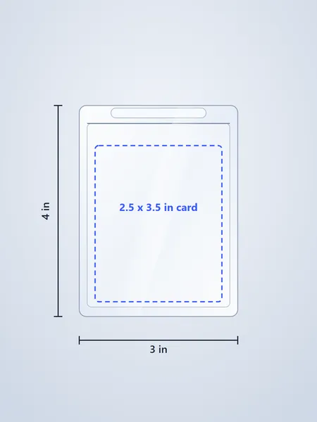 A standard card inside a 3 x 4 in toploader, with sizes