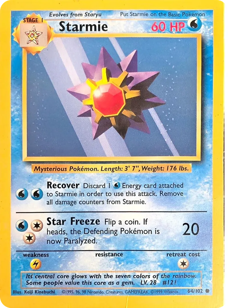 1999 Pokemon Base Set Starmie #64/102 Unlimited Common, front