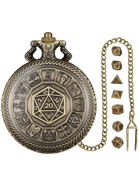 Steampunk Gear Pocket Watch Case with 7-Piece Metal Polyhedral Dice Se, photo 1
