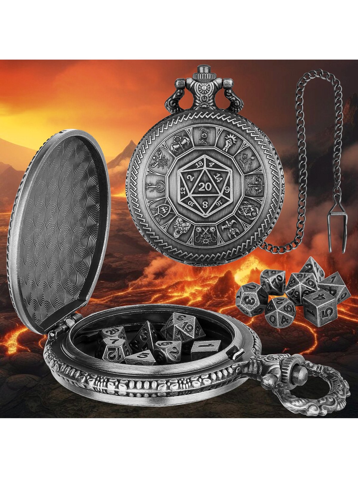 Steampunk Gear Pocket Watch Case with 7-Piece Metal Polyhedral Dice Se, photo 2