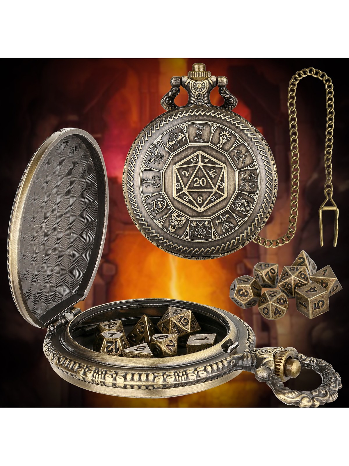 Steampunk Gear Pocket Watch Case with 7-Piece Metal Polyhedral Dice Se, photo 3