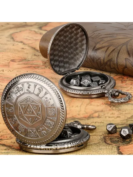 Steampunk Gear Pocket Watch Case with 7-Piece Metal Polyhedral Dice Se, photo 5