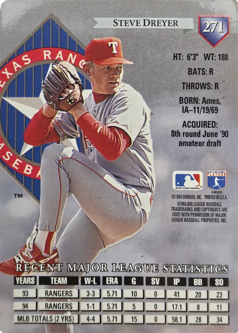 1995 Donruss Steve Dreyer #271 Texas Rangers, back