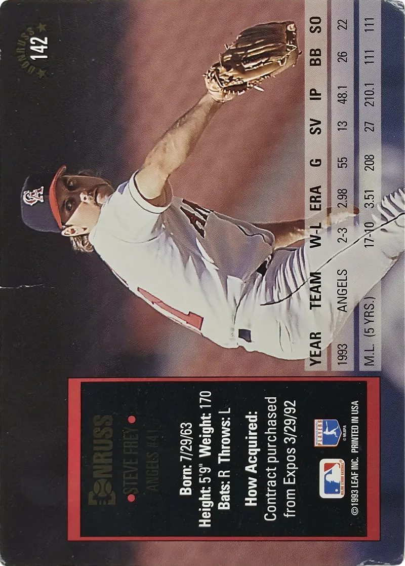 1994 Donruss Steve Frey #142 California Angels, back