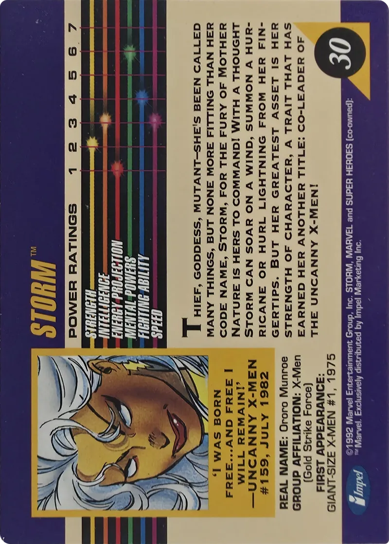 1992 Impel Marvel Universe Series III Storm #30, back