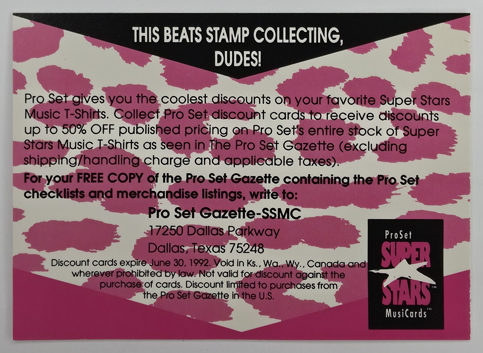 1991 Pro Set SuperStars MusiCards Superstars Music T-Shirt 10 Cent Discount Card Insert back