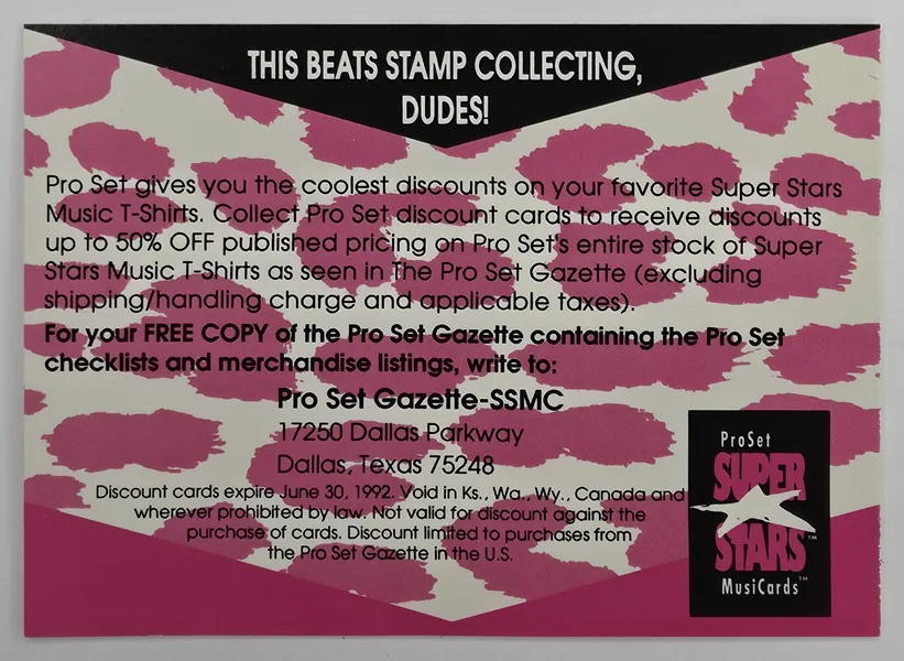 1991 Pro Set SuperStars MusiCards Superstars Music T-Shirt 10 Cent Discount Card Insert back
