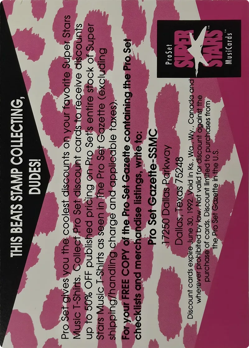 1991 Pro Set SuperStars MusiCards Superstars Music T-Shirt 10 Cent Discount Card Insert, back