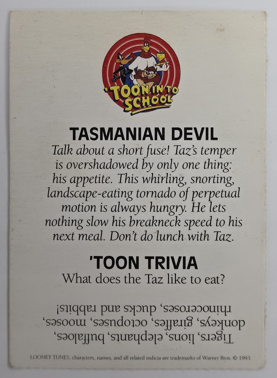 Taz (Tasmanian Devil) 'Toon In To School card back