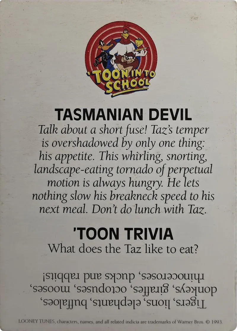 1993 Warner Bros. Looney Tunes 'Toon In To School Taz (Tasmanian Devil), back