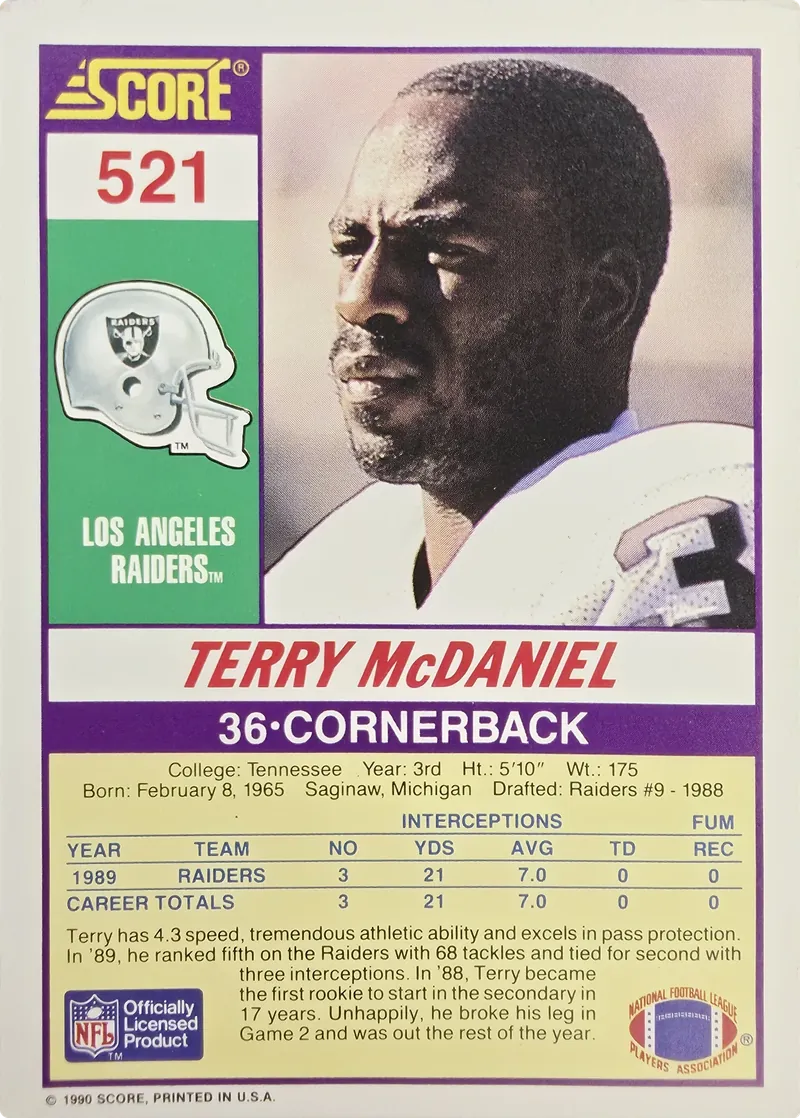1990 Score Terry McDaniel #521, back