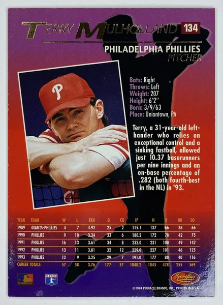 1994 Sportflics 2000 Terry Mulholland #134 Philadelphia Phillies back