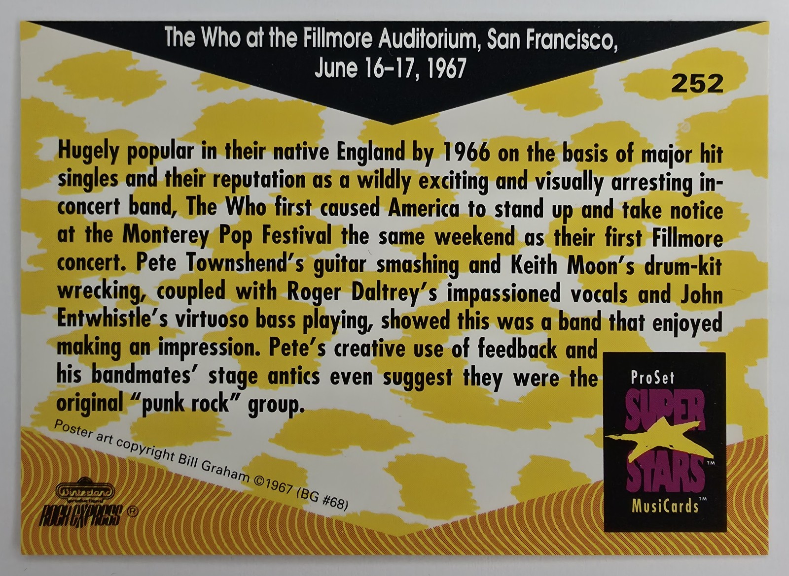 1991 Pro Set SuperStars MusiCards The Who Fillmore 1967 #252 Historic Concerts back
