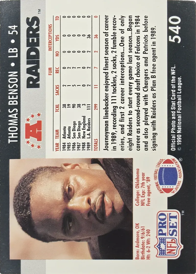 1990 Pro Set Thomas Benson #540, back