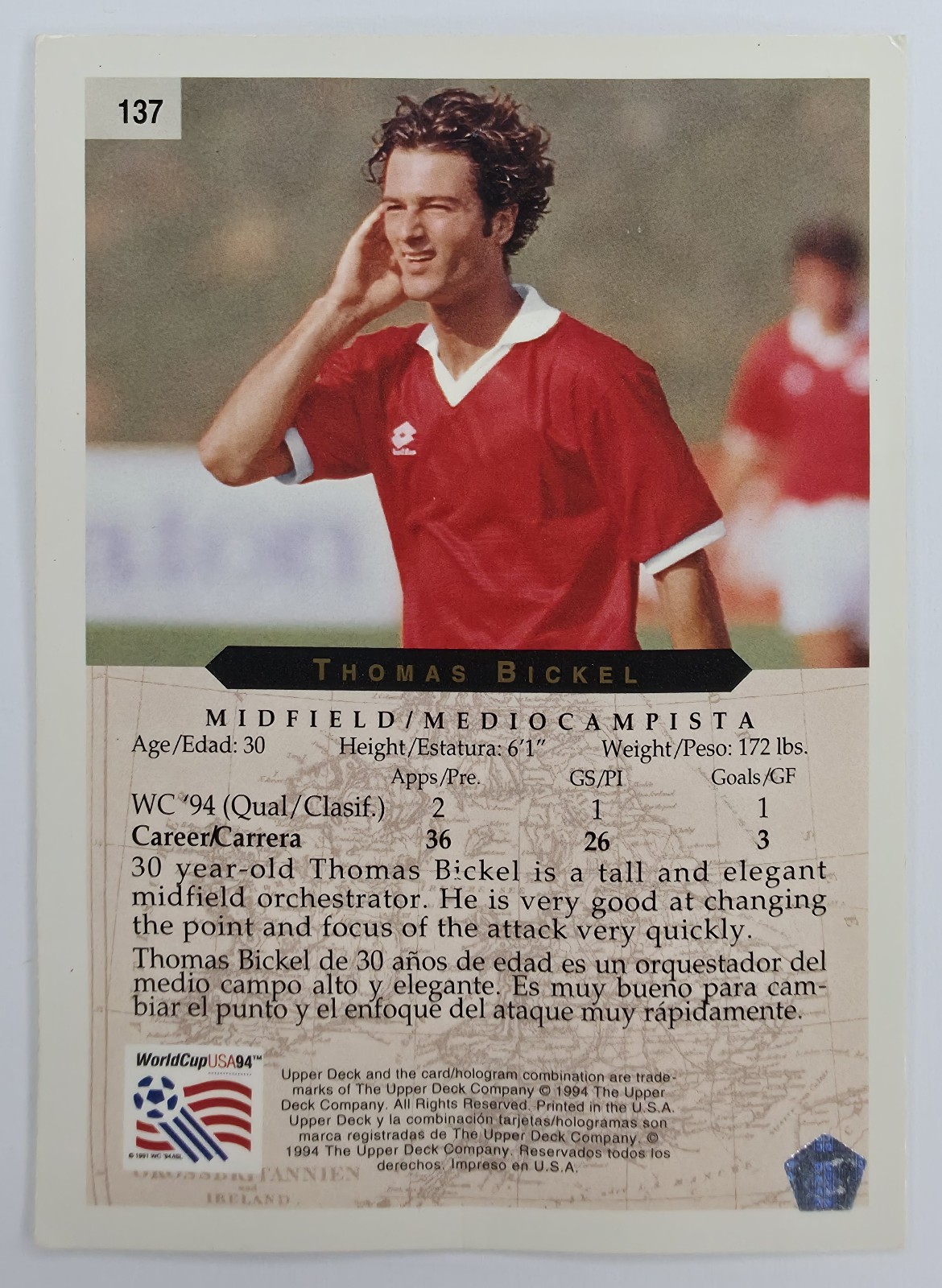 1994 Upper Deck World Cup English/Spanish Thomas Bickel #137 Switzerland back