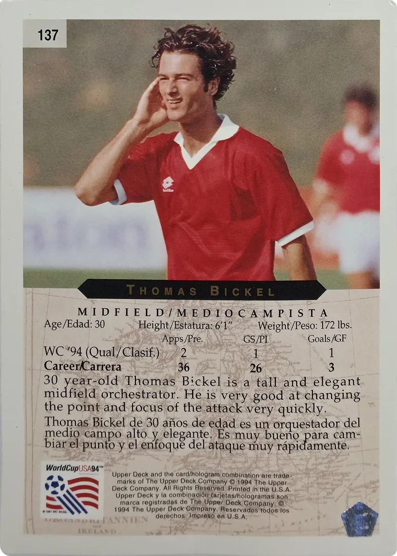 1994 Upper Deck World Cup English/Spanish Thomas Bickel #137 Switzerland, back