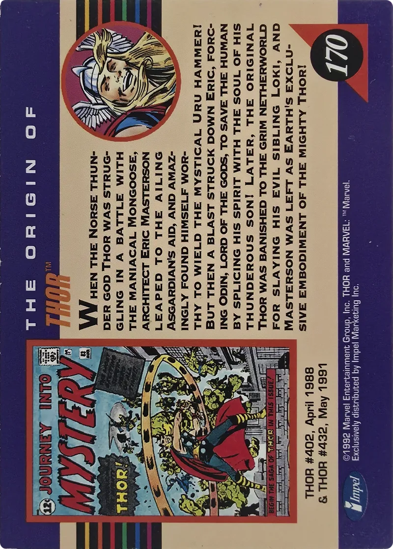 1992 Impel Marvel Universe Series III Thor, back
