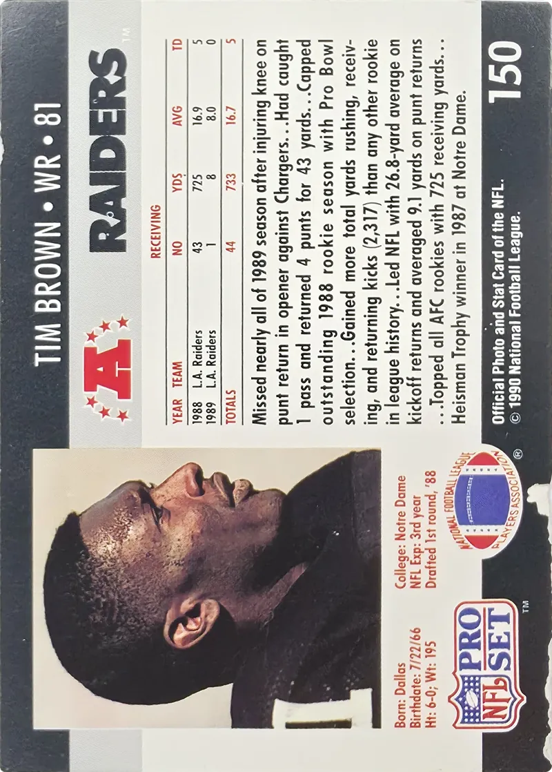 1990 Pro Set Tim Brown #150, back