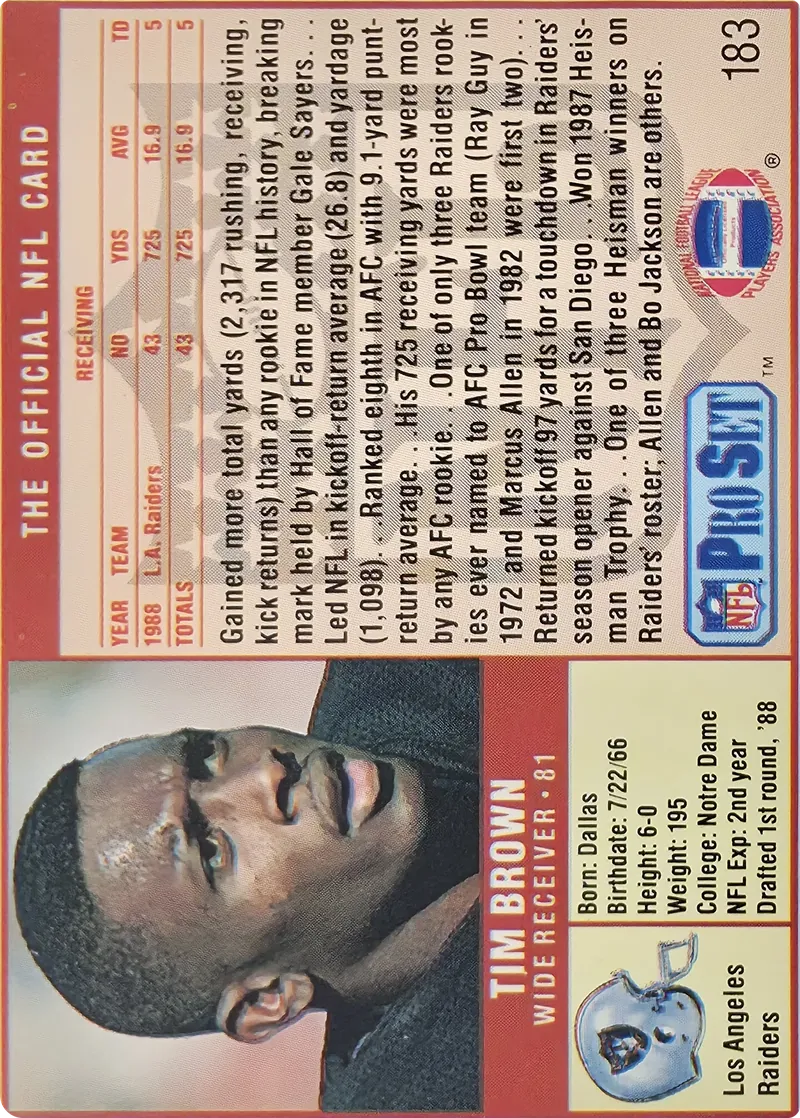 1989 Pro Set Tim Brown #183, back