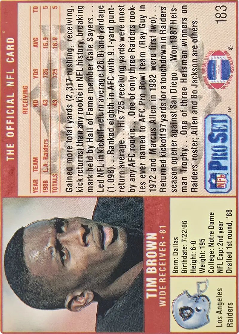 1989 Pro Set Tim Brown #183, back
