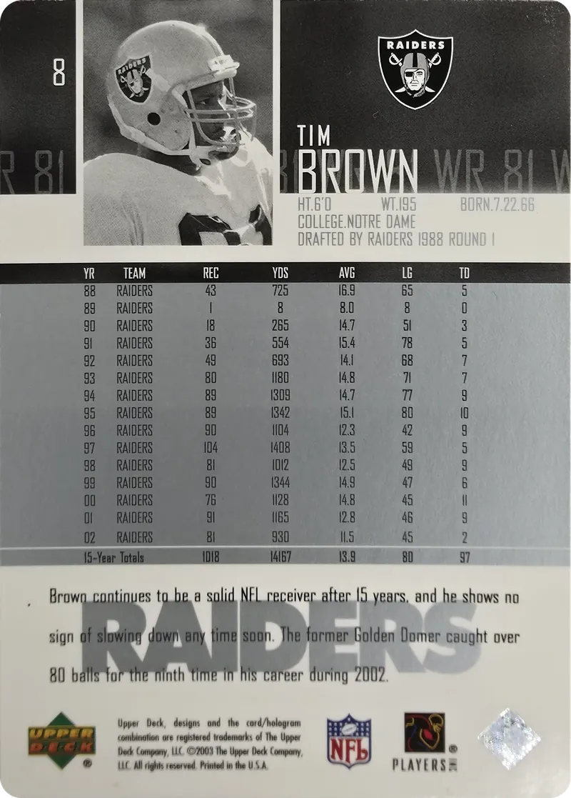 2003 Upper Deck Tim Brown #8, back