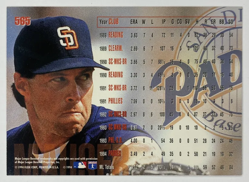 1995 Fleer Tim Mauser #565 San Diego Padres back