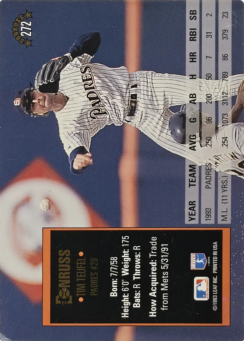 1994 Donruss Tim Teufel #272 San Diego Padres, back