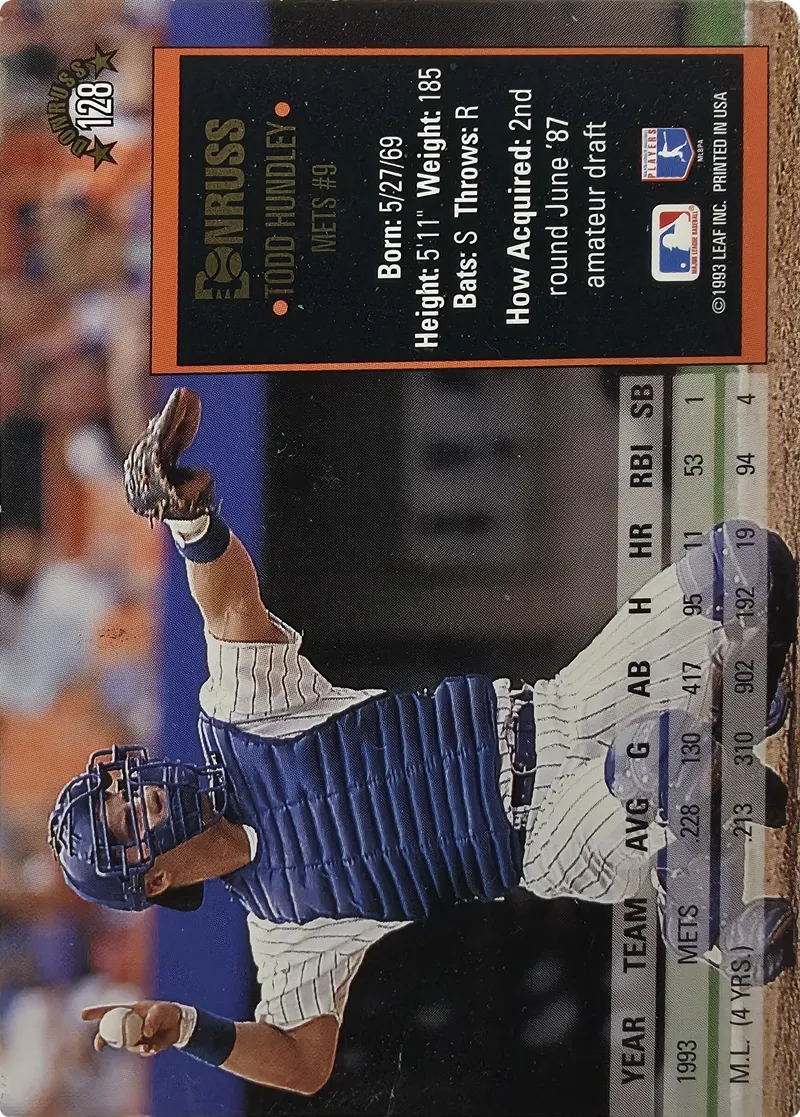 1994 Donruss Todd Hundley #128 New York Mets, back