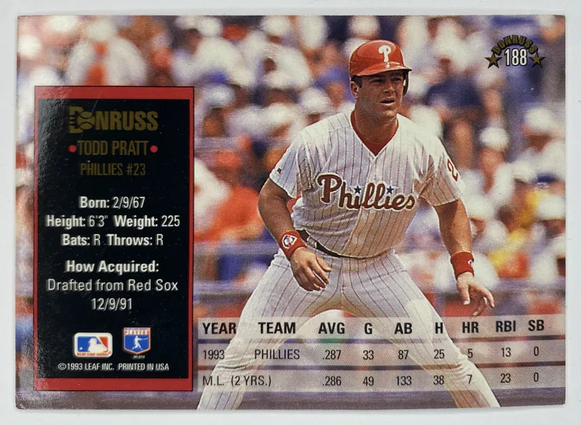 1994 Donruss Todd Pratt #188 Philadelphia Phillies back