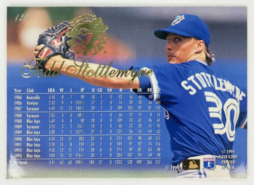 1994 Flair Todd Stottlemyre #122 Toronto Blue Jays back