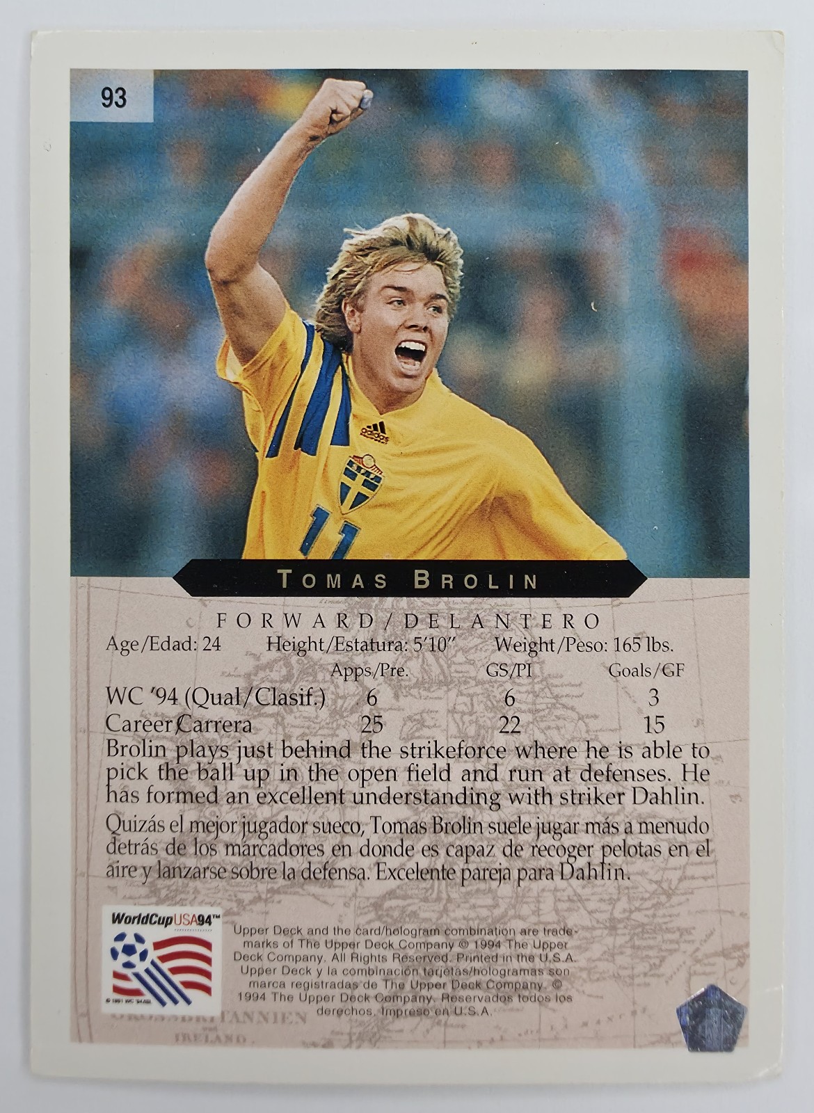 1994 Upper Deck World Cup English/Spanish Tomas Brolin #93 Sweden back