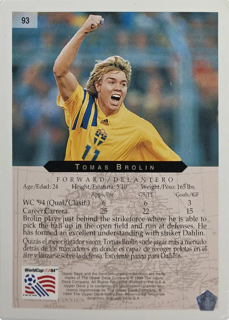 1994 Upper Deck World Cup English/Spanish Tomas Brolin #93 Sweden, back