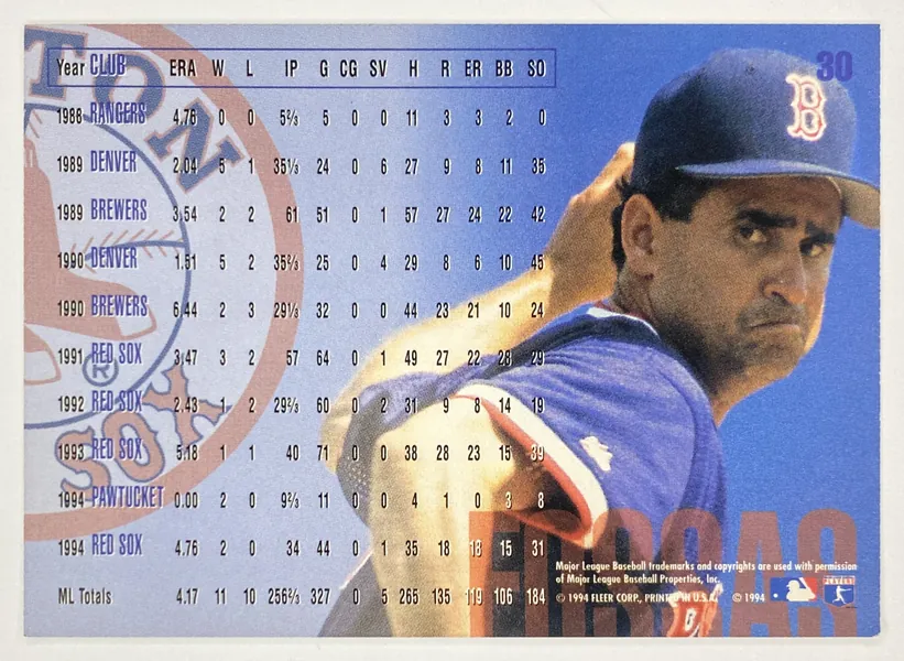 1995 Fleer Tony Fossas #30 Boston Red Sox back