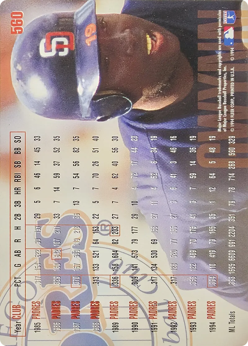 1995 Fleer Tony Gwynn #560 San Diego Padres Hall of Famer, back