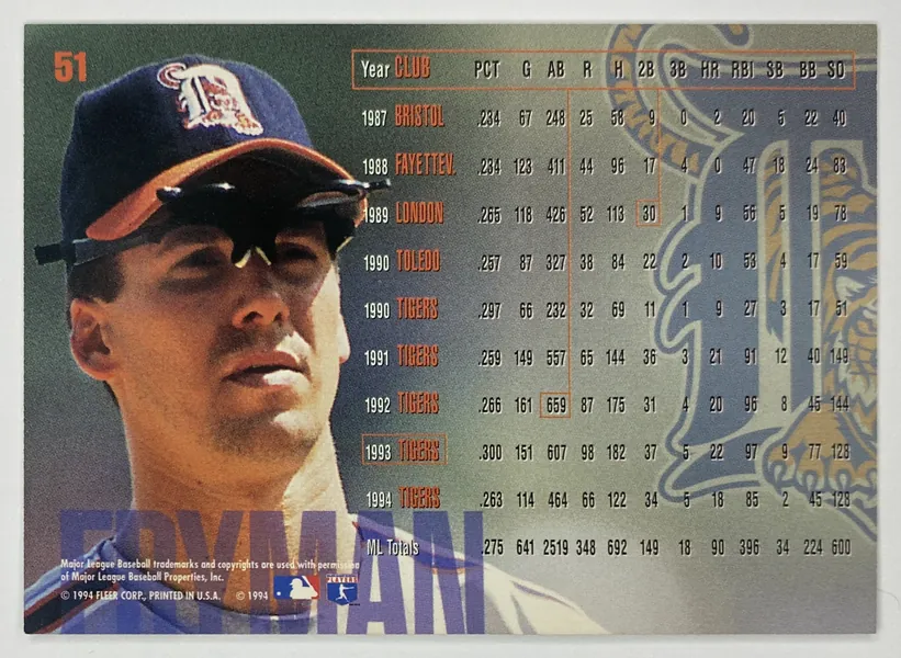 1995 Fleer Travis Fryman #51 Detroit Tigers back