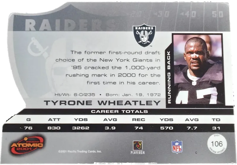 2001 Pacific Prism Atomic Tyrone Wheatley #106 Die-Cut, back